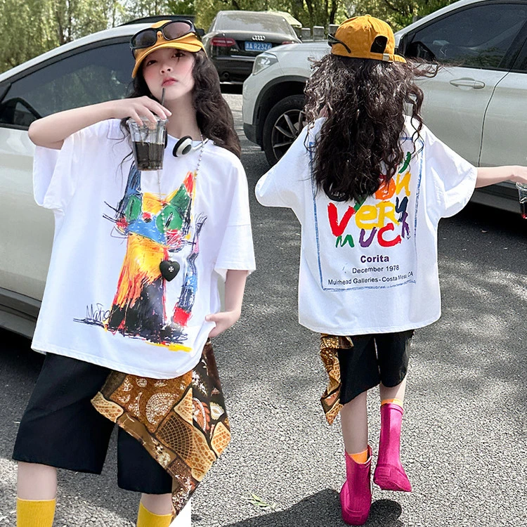 时尚设计感招财猫短袖T恤女童2025夏季薄款ins运动风工装短裤套装