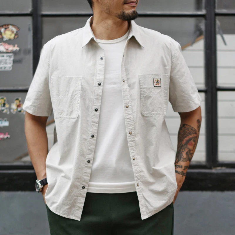 沾酱 复古条纹短袖衬衫男 流行衬衣 青年男士短袖 休闲 复古咔叽