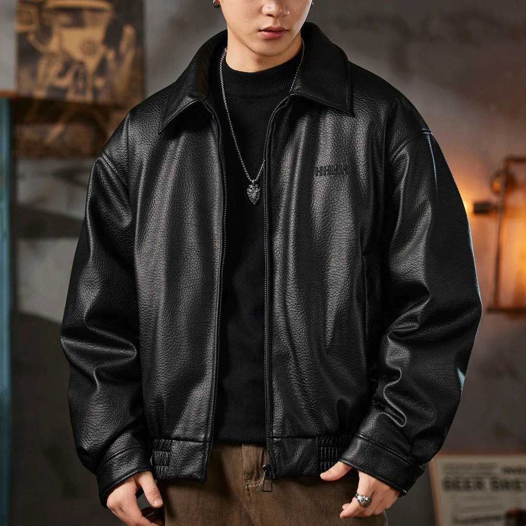 美式90鸭绒机车PU皮衣羽绒服男士冬季加厚保暖翻领轻奢皮夹克外套