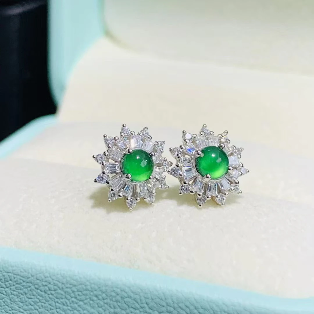 爆款新款S925银镶嵌A货高冰阳绿翡翠太阳花耳钉高品质珠宝耳饰