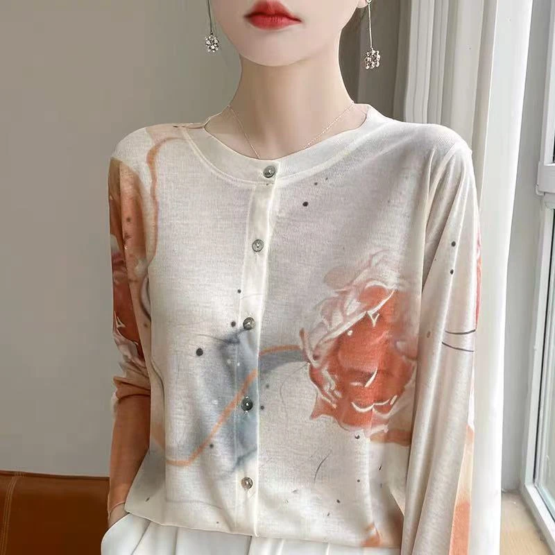 超软糯水溶羊毛衫针织毛衣开衫圆领长袖上衣T恤打底女士秋季印花