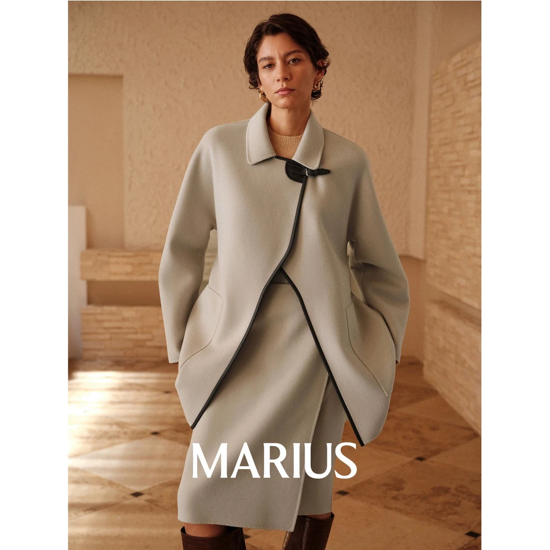 MARIUS"棱镜大衣"美利奴双面呢小羊皮包边时髦百搭大衣