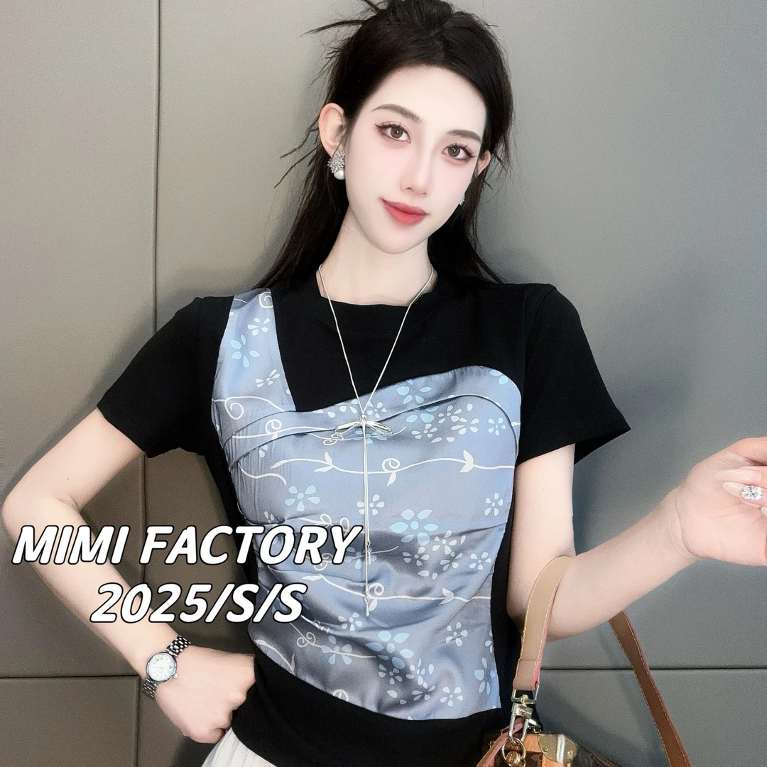 2025夏新款印花设计感拼接短袖T恤女修身显瘦时尚上衣4364#