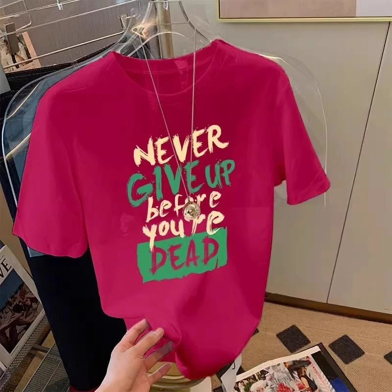 2025夏季新款火龙果色纯棉短袖t恤女宽松百搭时尚减龄体恤上衣潮