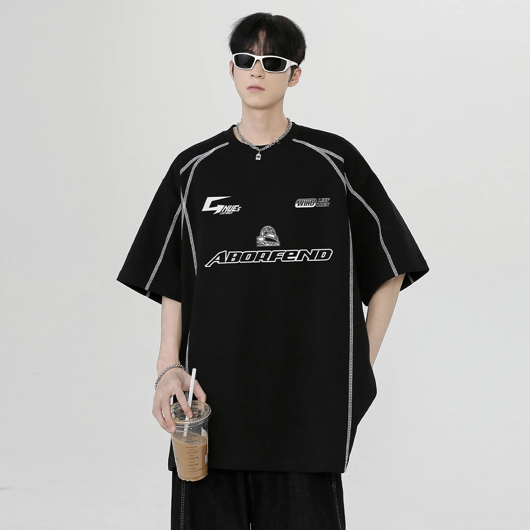 PLQV新款夏季美式T恤圆领宽松短袖简约运动休闲男情侣装半袖百搭