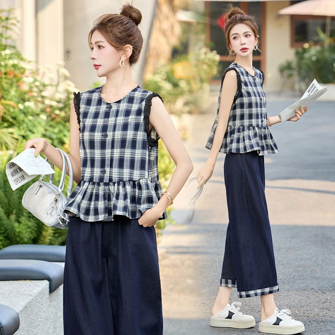 无袖格子牛仔套装女2025夏季新款韩系休闲减龄一整套阔腿裤两件套