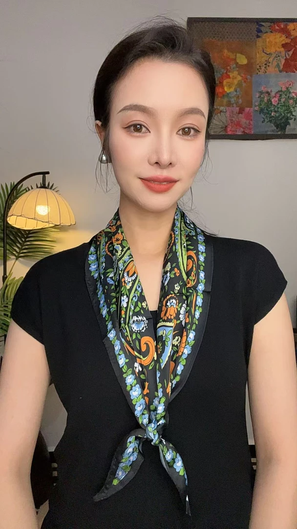 【黑底腰果】110*30菱形巾百搭时尚围巾小丝巾女士飘带色彩发带巾女
