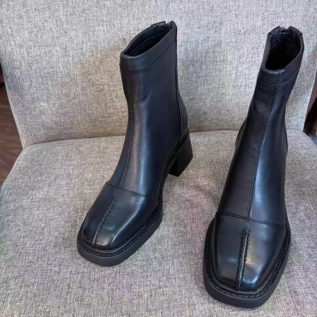 跟高5CM~秋冬新款粗跟短靴脚感巨软复古简约瘦瘦靴中跟日常通勤款