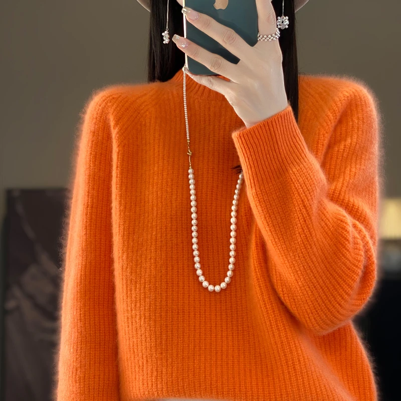 半高领加厚100%纯羊绒女元宝针纯色套头内搭毛衣