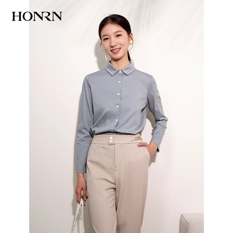 HONRN/红人蓝色长袖修身纯棉打底衬衫衬衣内搭女上衣HI11OC237