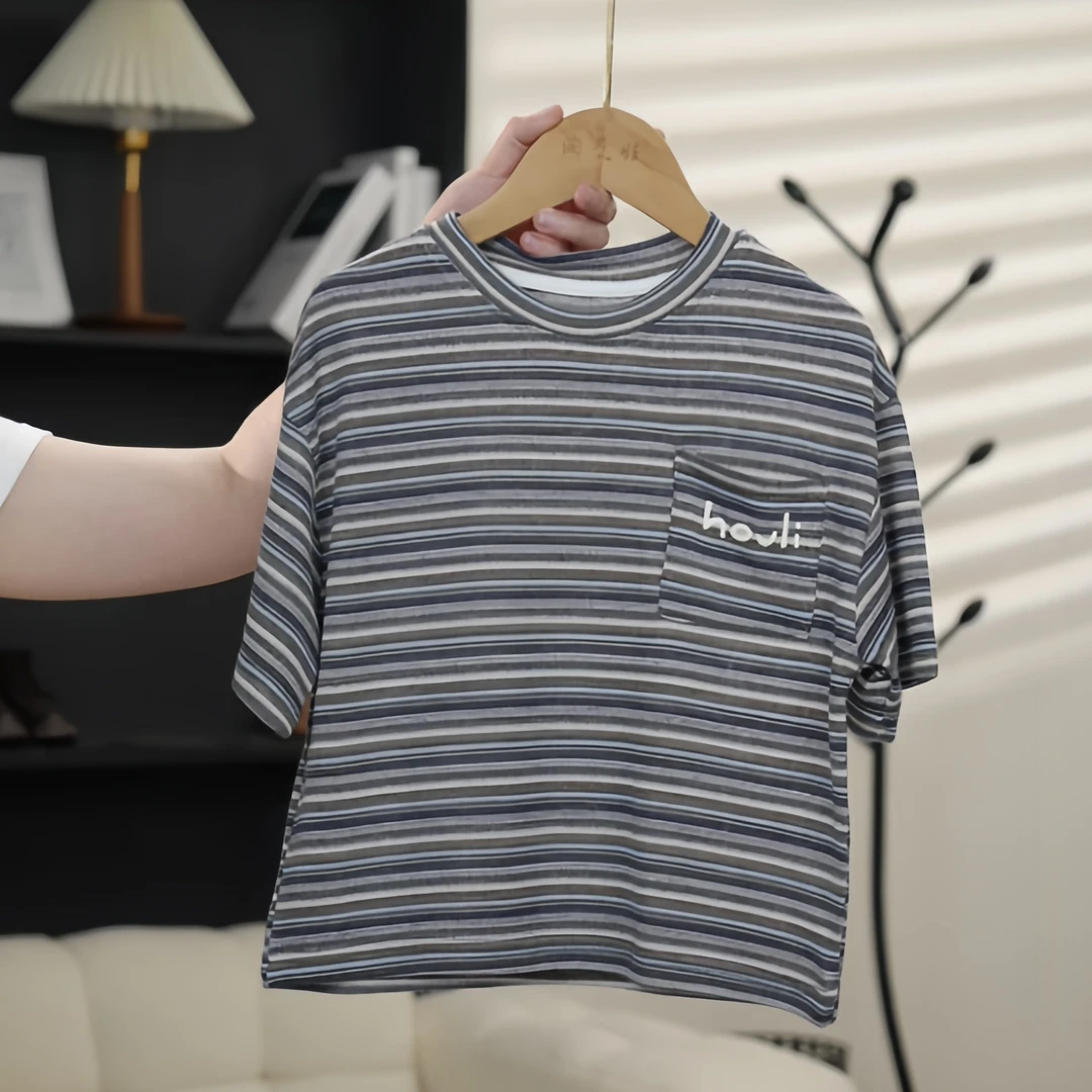 【鸭梨童品】2025夏季儿童短袖口袋字母条纹男女童圆领休闲T恤