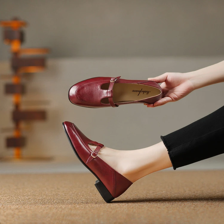 【跟高2CM】里外全真皮一字带擦色复古粗跟平底女时尚玛丽珍鞋