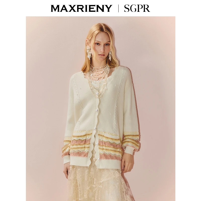 【商场同款】MAXRIENY慵懒v领宽松外套oversize波浪条纹针织开衫