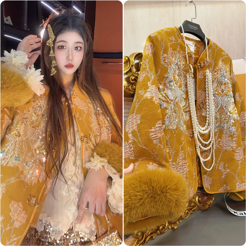 【月挽秋水】63603提花盘扣袖口毛毛新中式羽绒外套大码胖MM