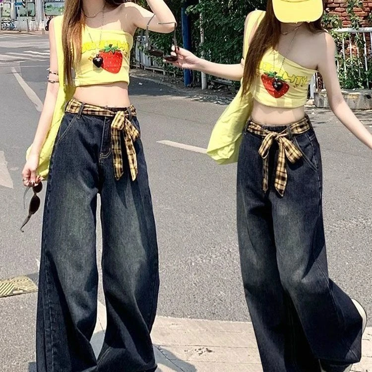 黄格子拼接直筒阔腿裤冬季设计美式高街复古宽松蝴蝶结拖地牛仔裤