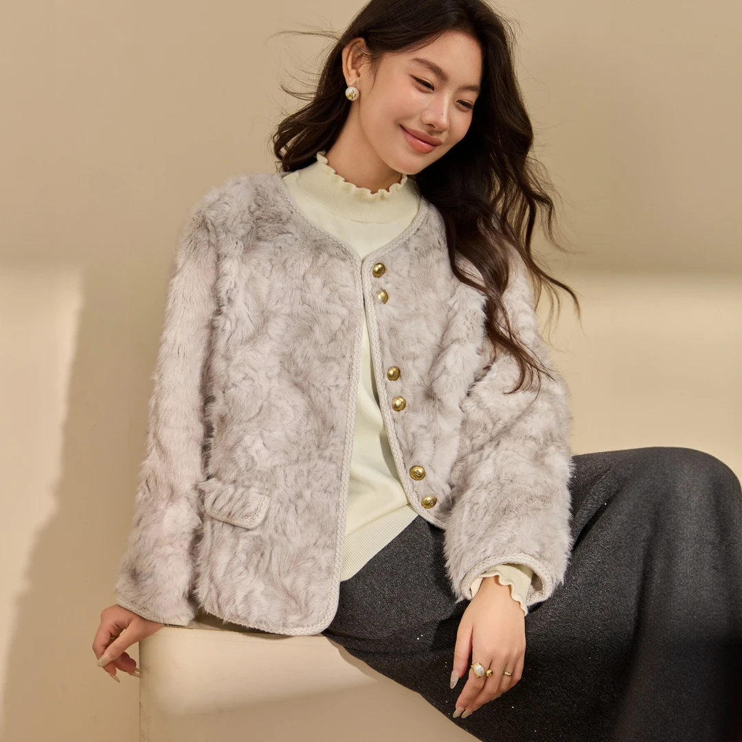 【晚宴】纤莉秀W大码女装加绒加厚麂皮绒皮毛一体外套QK4858