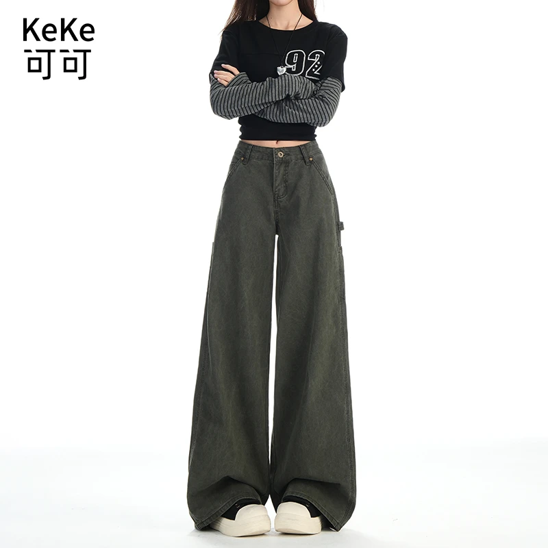 军绿色工装牛仔裤女秋季新款美式低腰宽松直筒百搭设计感阔腿裤子