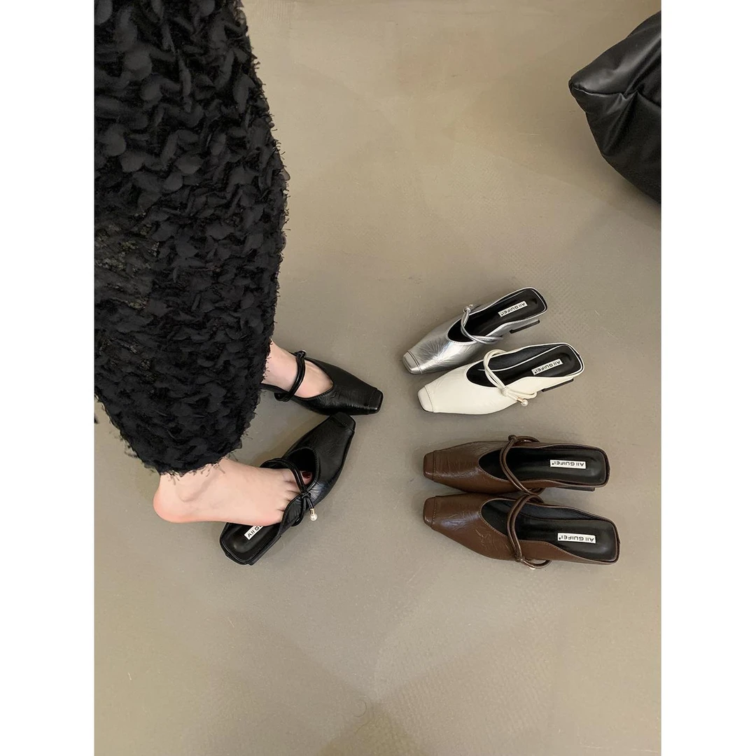 设计感银色玛丽珍半拖鞋包头凉拖女鞋夏季新款韩版粗跟单鞋小皮鞋