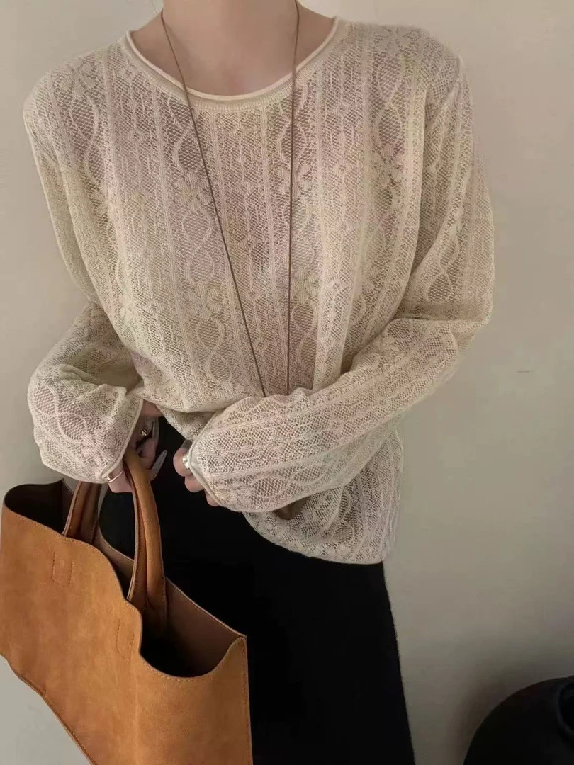 韩系减龄别致温柔风镂空微透羊毛针织衫2025新款欧根纱打底