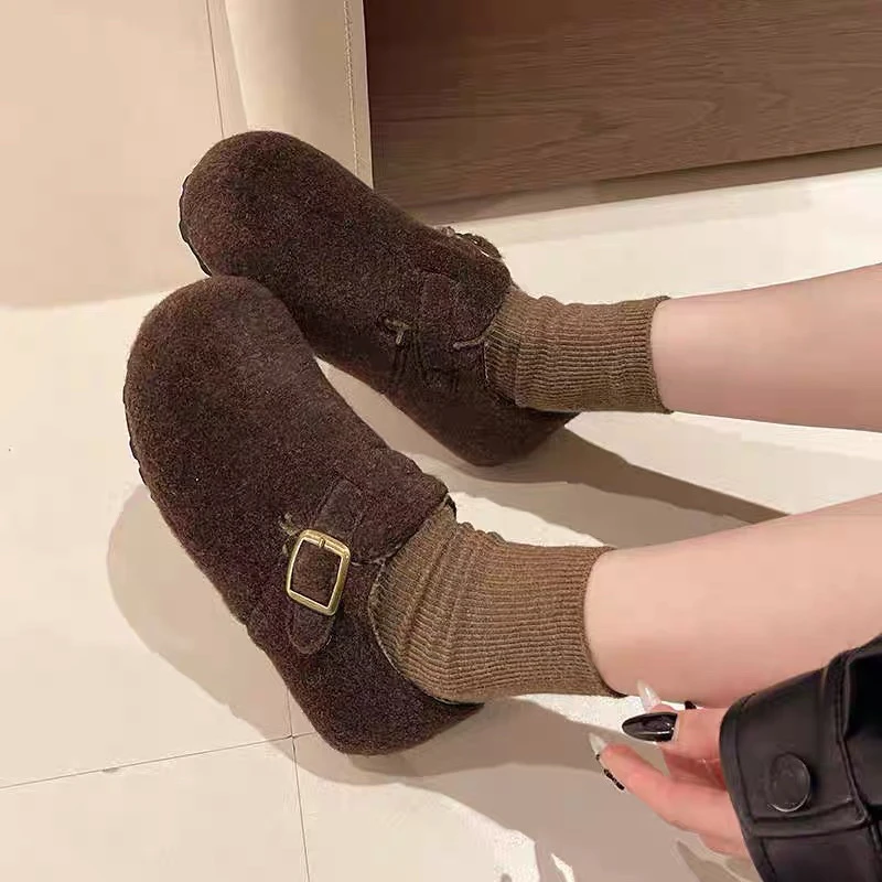 新疆（3厘米）复古圆头加绒勃肯鞋女秋冬韩版保暖棉鞋毛毛鞋235-1