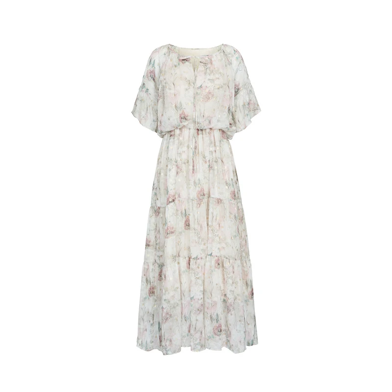 圣迪奥女装清新系带圆领露肩印花设计师款连衣裙S232Z12AR