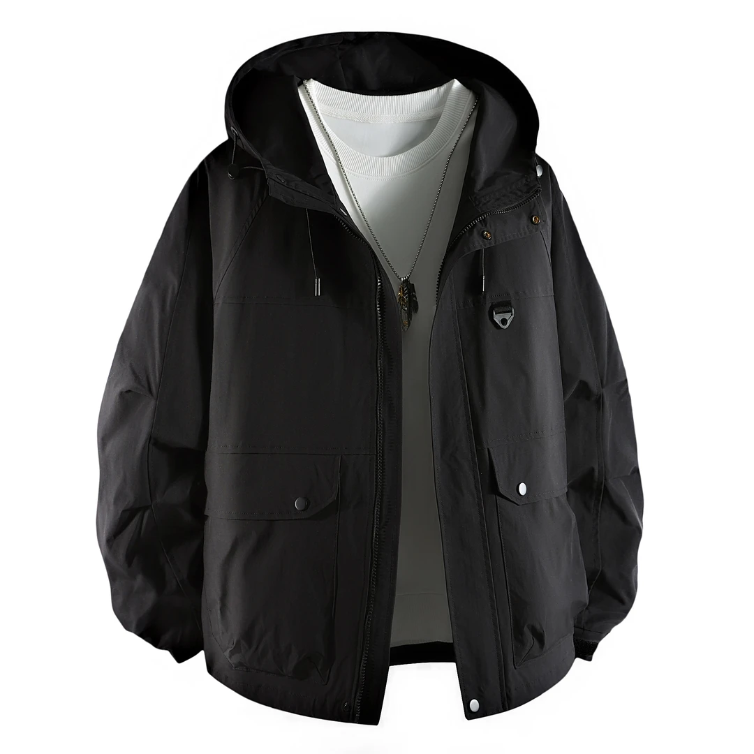 大码宽松显瘦男连帽秋季男士防风纯色连帽夹克户外工装外套