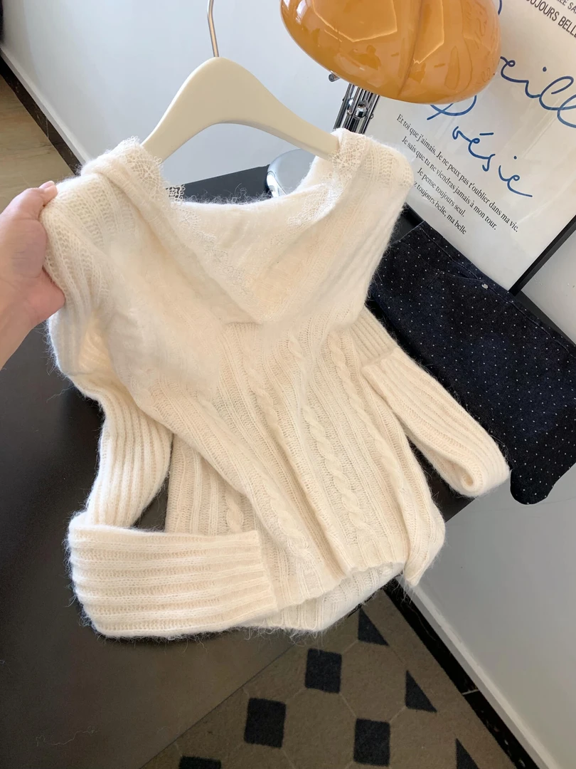 韩版V领蕾丝边连帽长袖针织衫女秋季新款休闲ins风设计感别致上衣