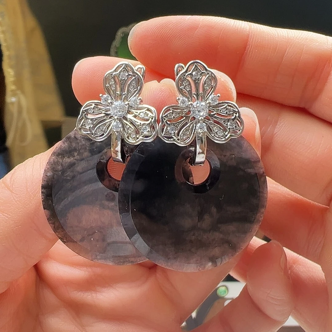 翡翠银S925镶嵌耳饰月**下天然翡翠