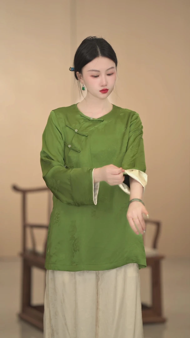 【竹青】绿色简约新中式春季显瘦衬衫宽松衬衣斜襟复古文艺中国风