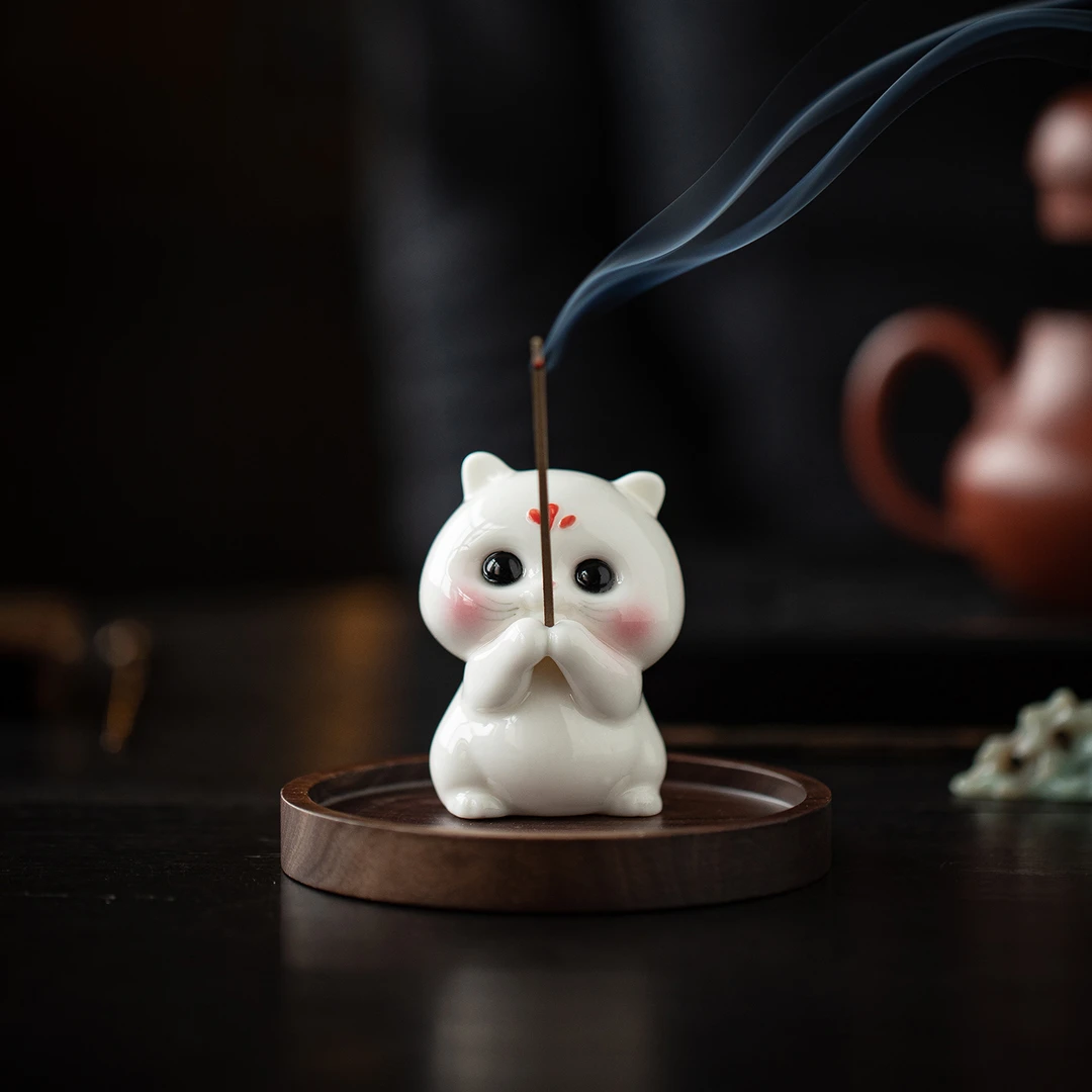 国风白瓷小猫线香炉家用室内香插香座香薰炉茶桌香道治愈系小摆件