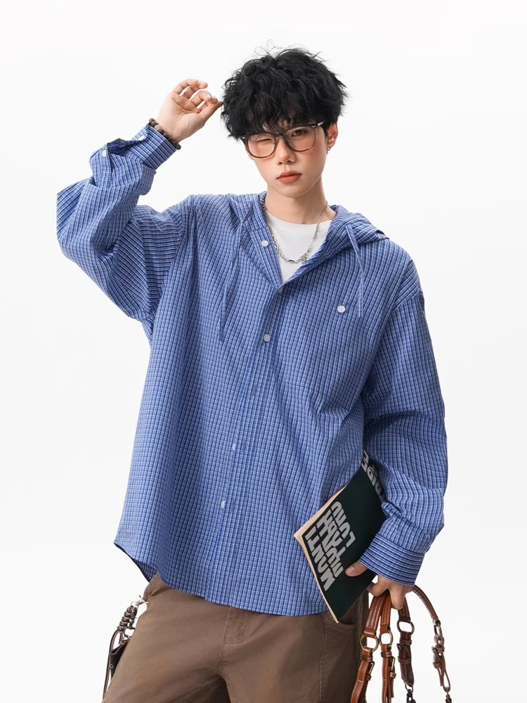 美式潮设计高级感蓝色春夏格子长袖衬衫男女防晒百搭休闲刺绣衬衣