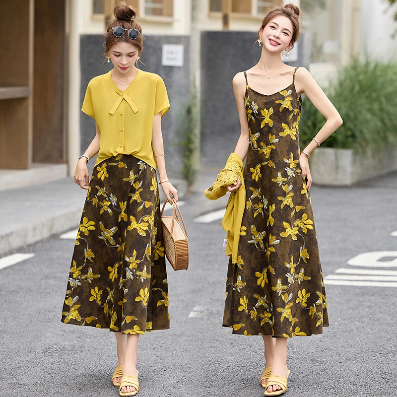 雪纺连衣裙套装女夏2025新款洋气减龄穿搭一整套衬衫吊带裙两件套