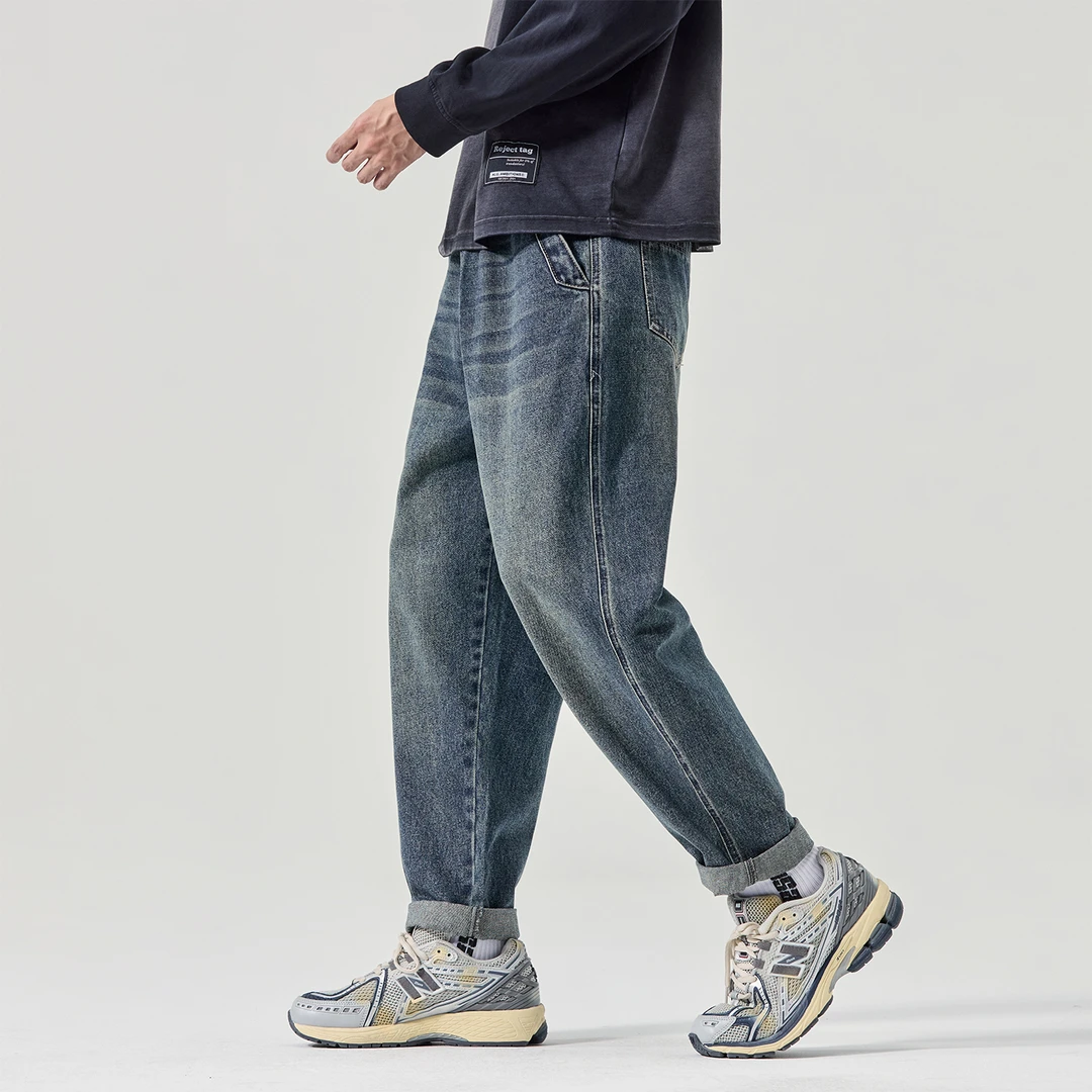 美式复古束脚牛仔裤男士2025秋季潮牌宽松直筒休闲百搭哈伦工装裤