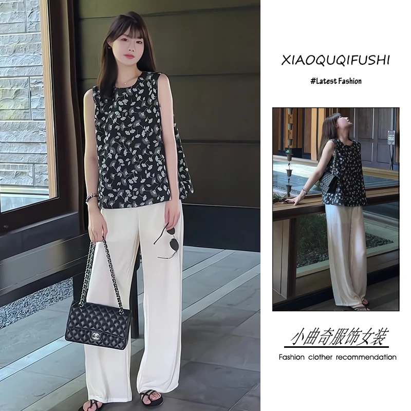 夏季2025新款一整套女装韩系文艺清新范碎花无袖上衣阔腿裤两件套