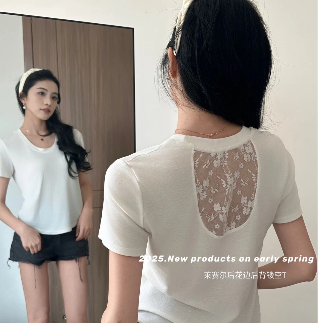 【VAZSLVE/原创设计】后背弧形蕾丝拼接2025新款春夏时纯欲T恤2566