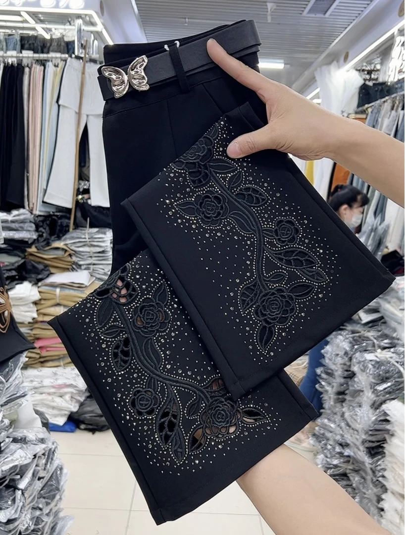 878新款气质百搭女士微喇裤时尚轻奢镶钻绣花九分裤