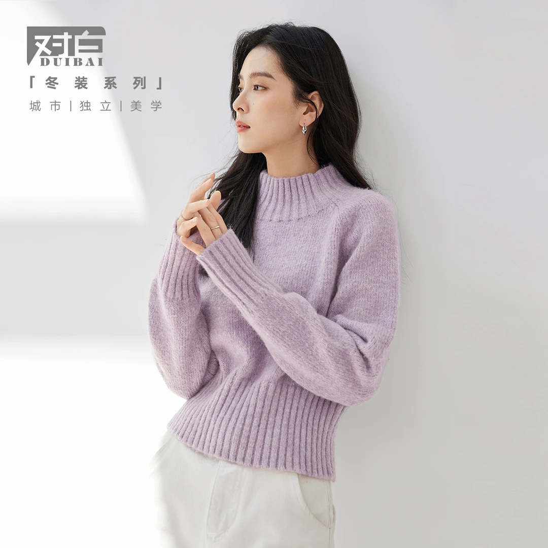 【达人专属】D01对白时髦半高领套头毛衣女温暖短款针织衫DDE274