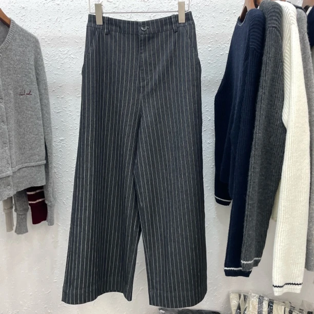 高腰条纹阔腿休闲裤女装显瘦垂感长裤