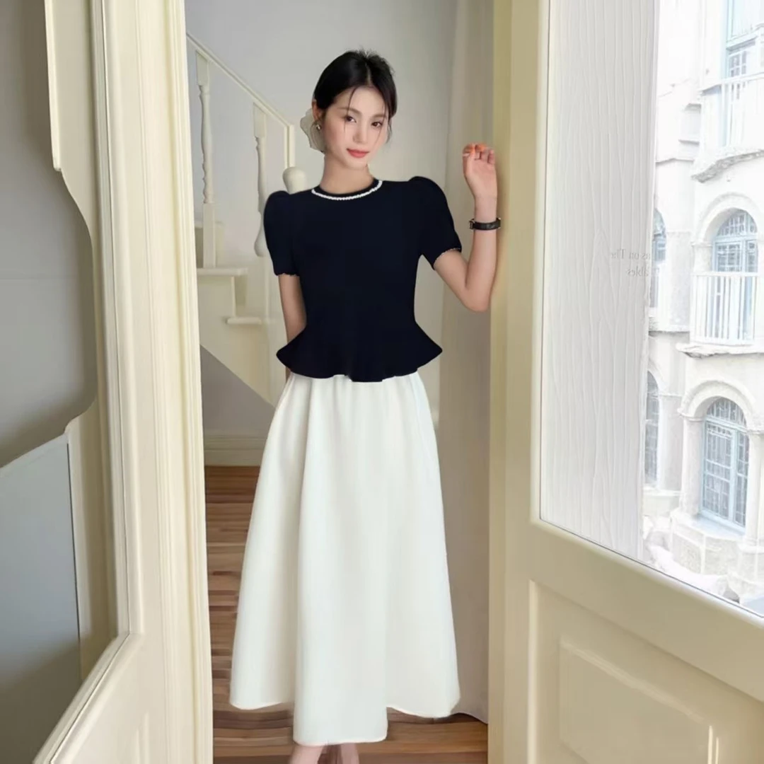 有里布法式休闲气质套装2025夏季新款上衣半裙两件套裙子短袖针织