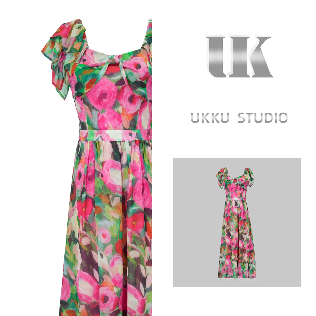 牛【UKKU STUDIO】轻奢设计师收腰碎花吊带新玫瑰庄园连衣裙914140