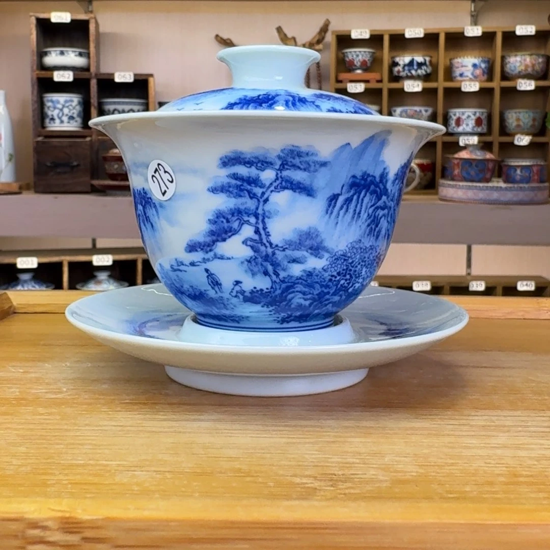 香***山溪山堂手绘山水三才盖碗