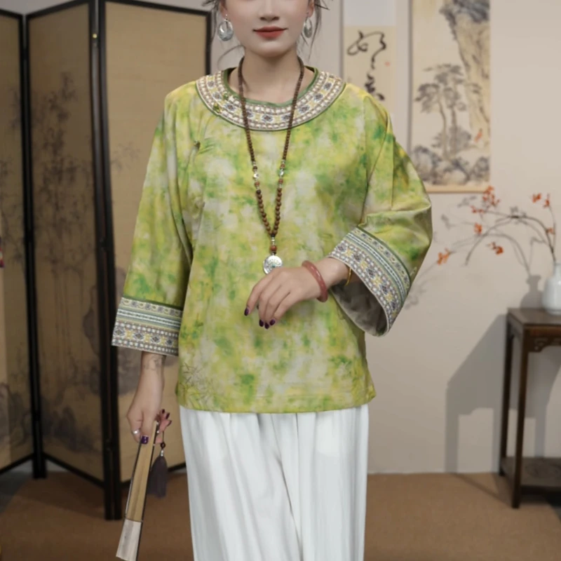【辛夷】四季通用新中式夏季中国风衬衫宽松型圆领斜襟奥黛款七分袖
