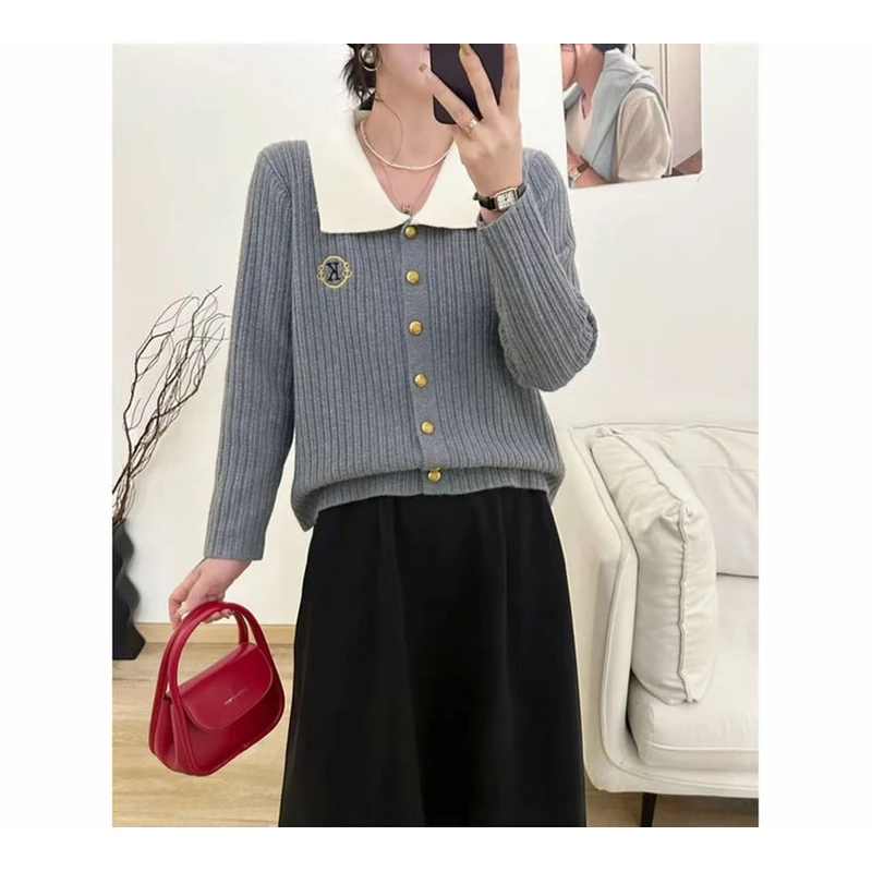 5780刺绣学院风”polo领开衫毛衣女秋冬欧货针织衫冬季上衣