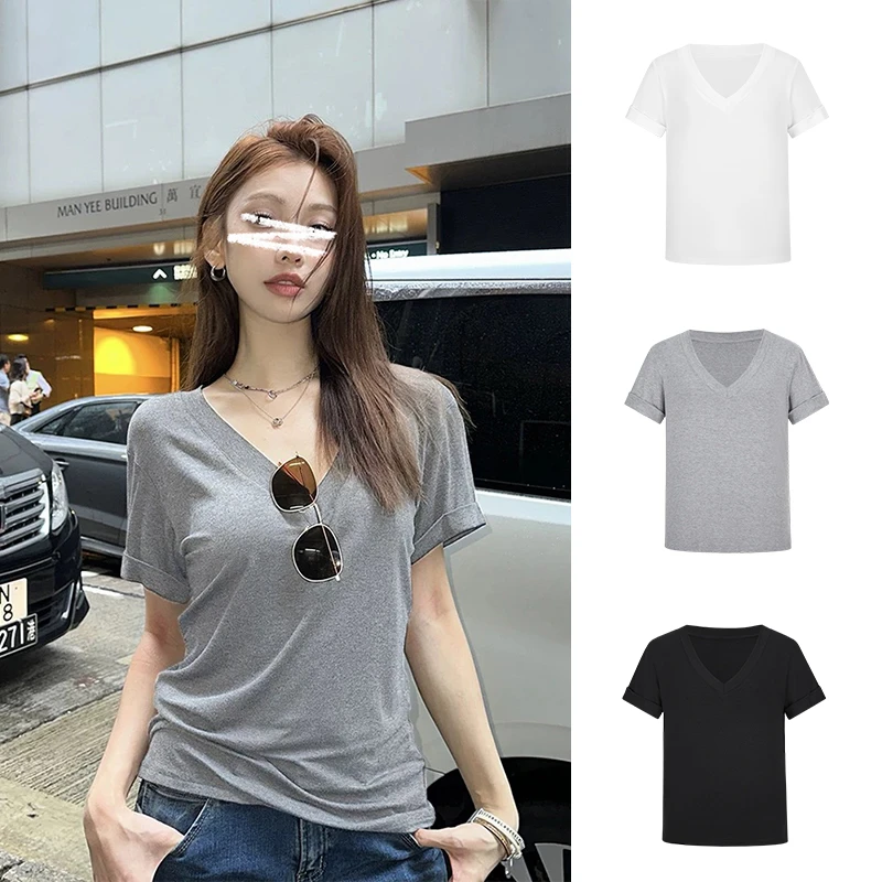 Moses Queen/魔西女王基础款灰色v领短袖T恤修身显瘦百搭正肩上衣