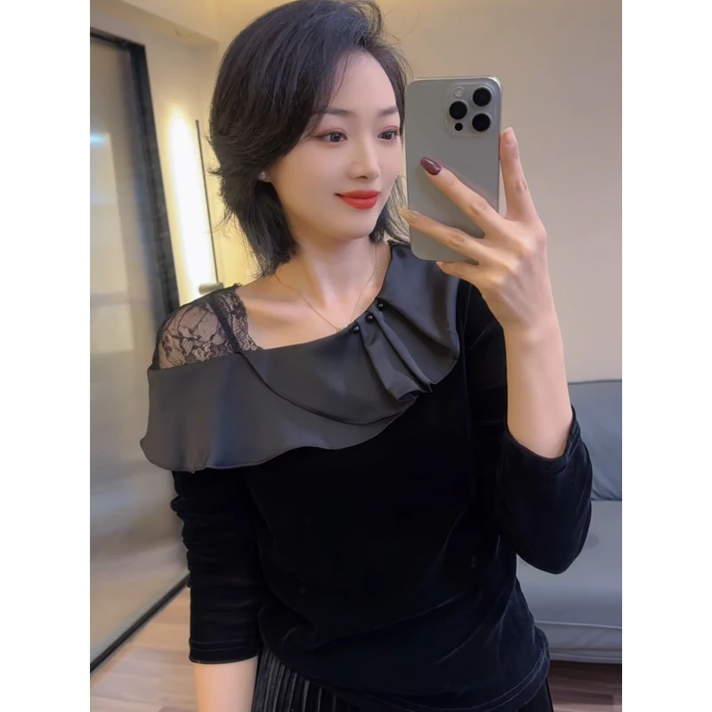 黑色丝绒荷叶边长袖T恤女早秋款设计感百搭修身显瘦蕾丝小衫25192