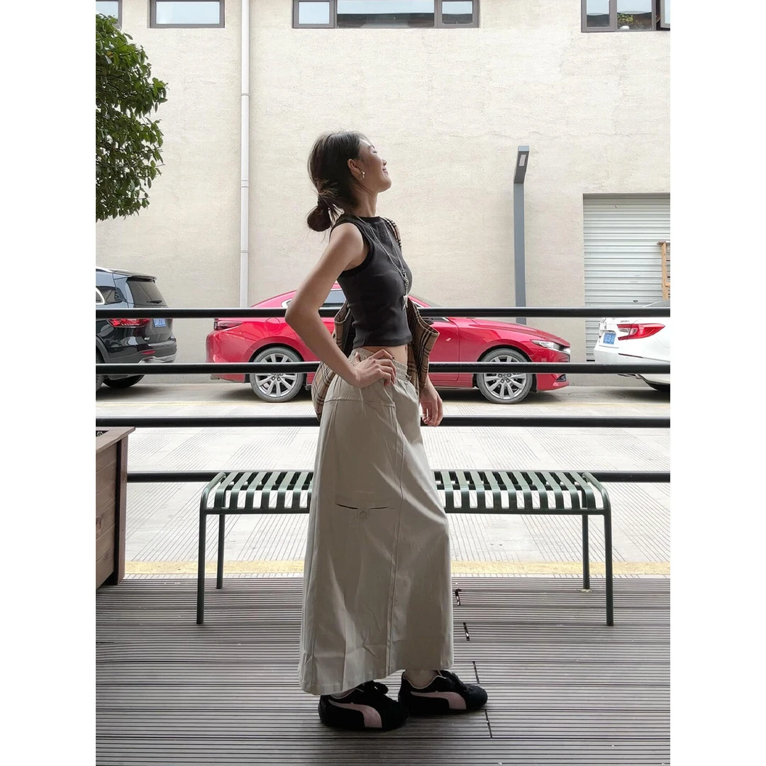 2025夏季新款美式无袖背心上衣开叉工装半身裙套装女气质辣妹穿搭