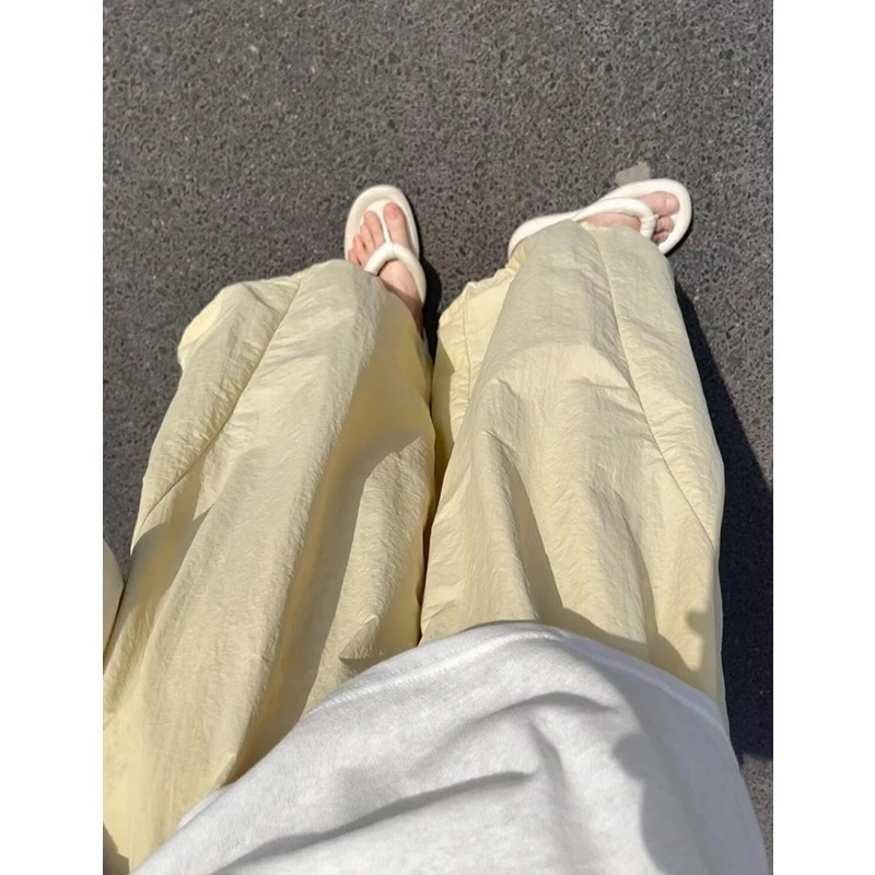 黄色阔腿裤女夏薄款速干抽绳灯笼裤小个子宽松显瘦休闲冰丝气球裤