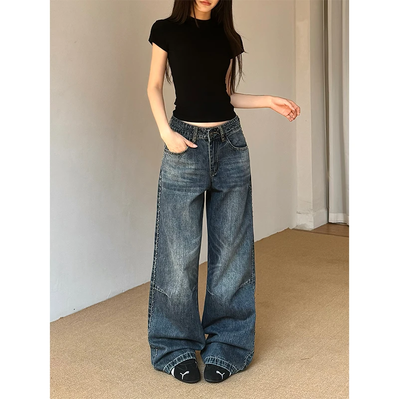 Don Cry美式水洗做旧钉珠牛仔裤男女新款设计感宽松阔腿休闲裤子