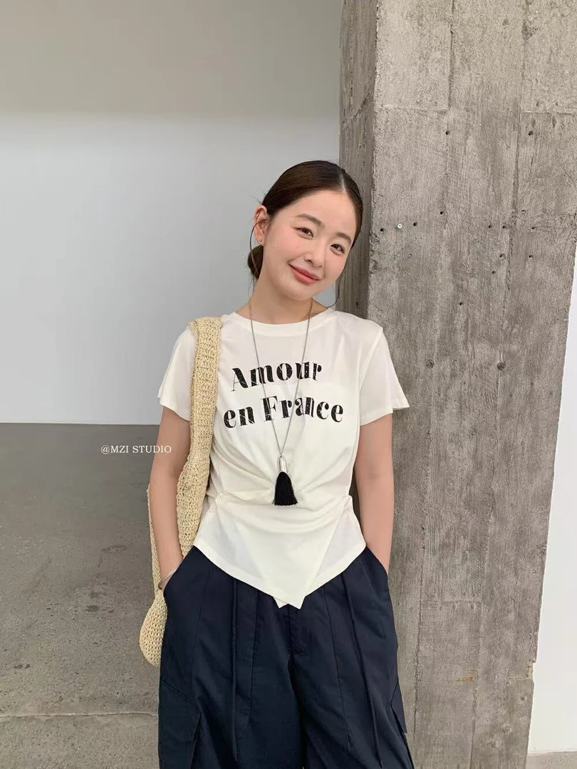 （6-8运贴）设计感交叉收腰显瘦短袖T恤夏季甜酷字母印花圆领上衣