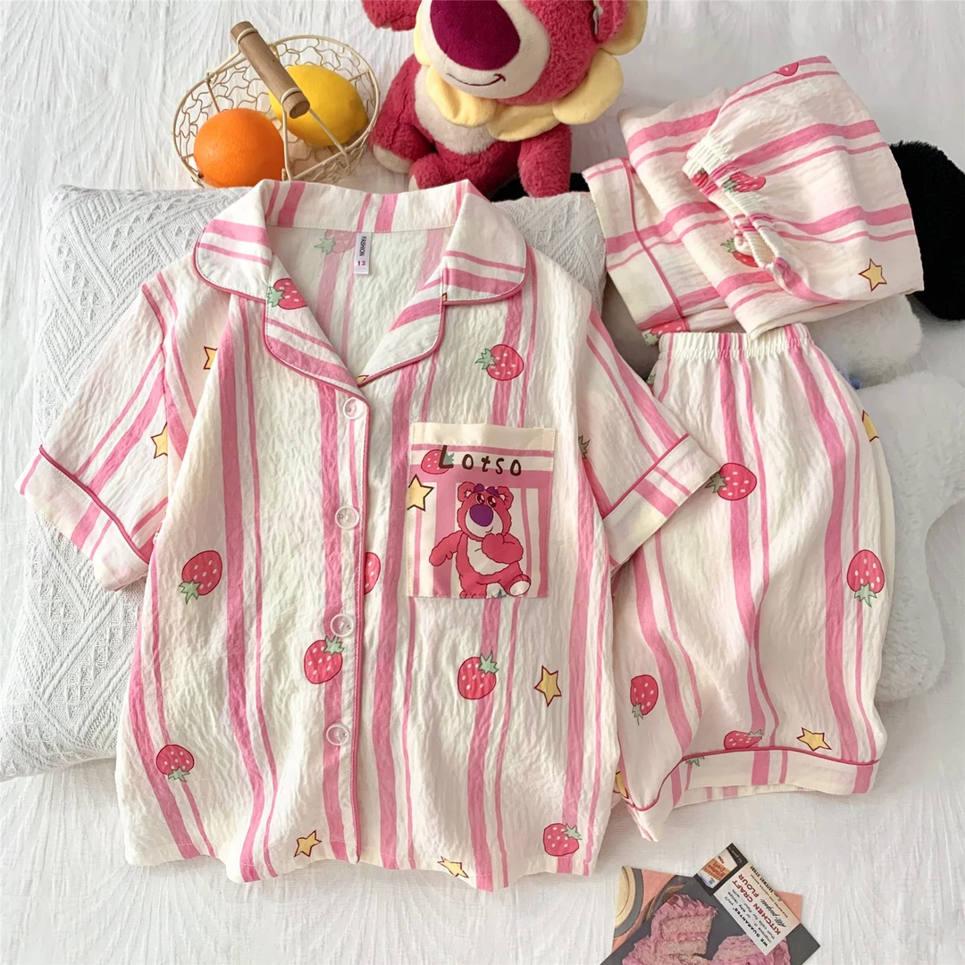 三件套女童睡衣夏季儿童云朵棉中大童卡通草莓熊小女孩薄款家居服